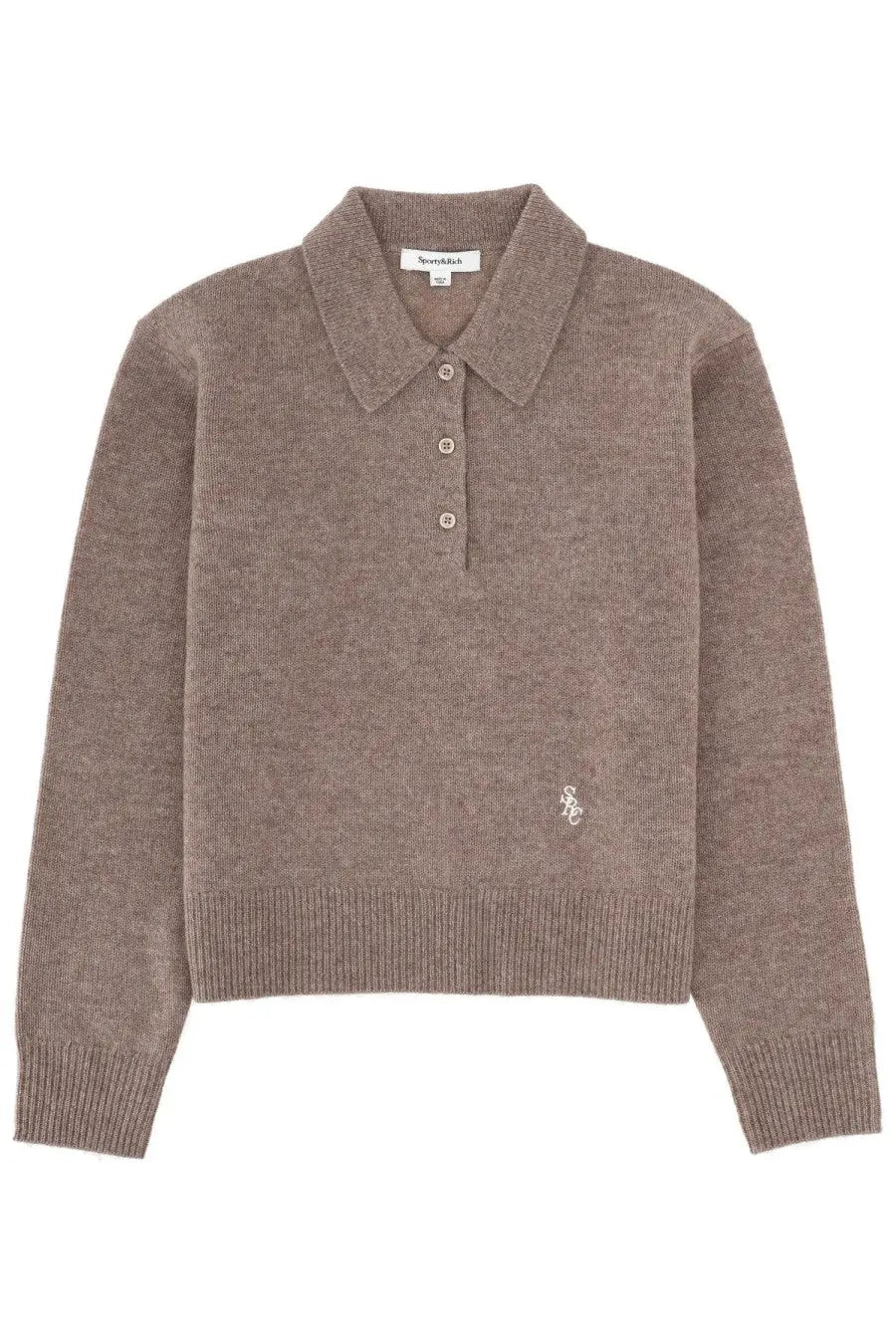 Sporty &amp; Rich unisex cashmere polo shirt brown in soft taupe knit with classic collar three-button placket ribbed cuffs and hem