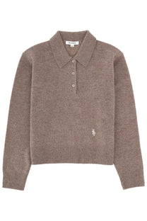 Sporty &amp; Rich unisex cashmere polo shirt brown in soft taupe knit with classic collar three-button placket ribbed cuffs and hem