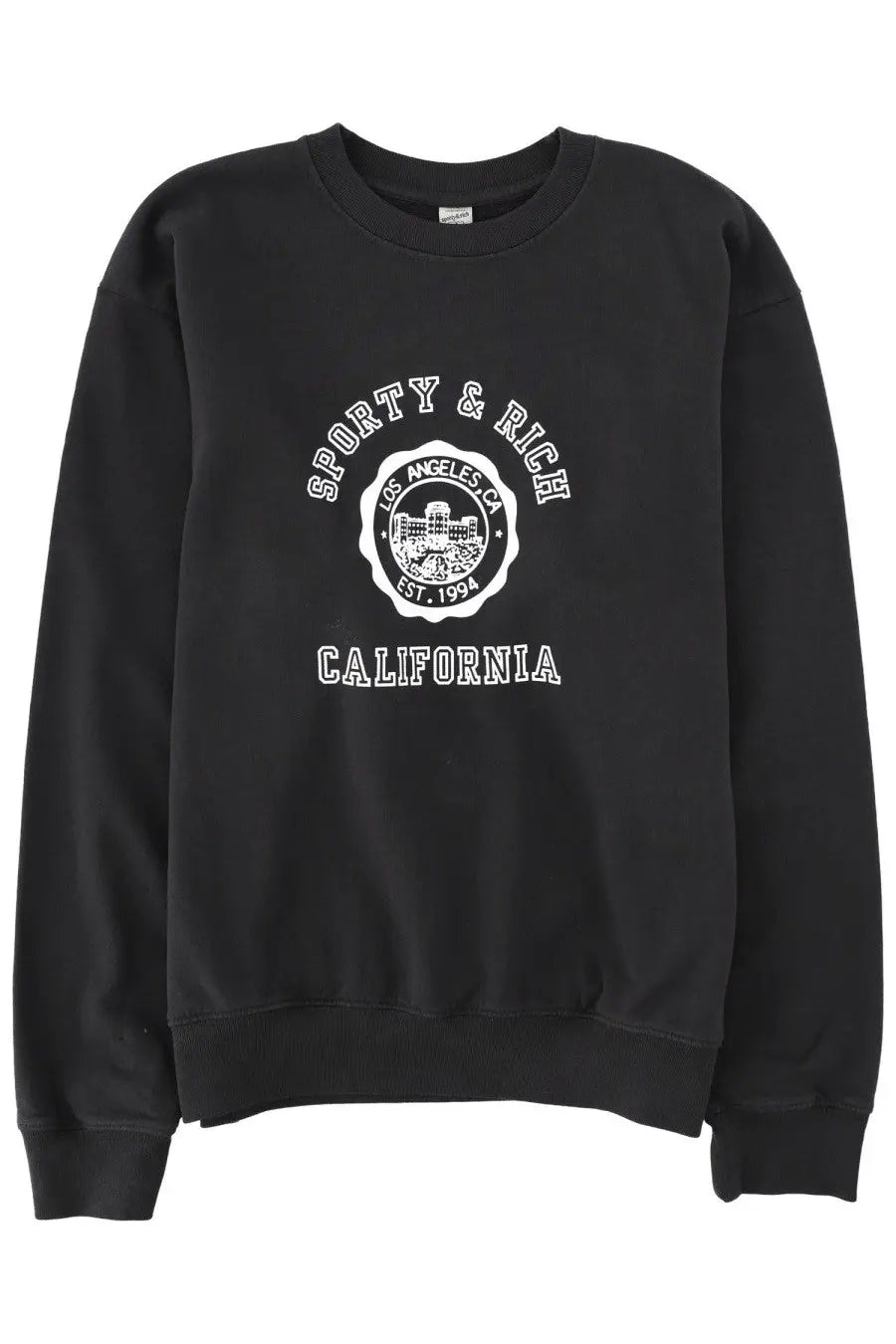 Black cotton unisex crewneck sweatshirt with white sporty and rich graphic seal and los angeles ca print