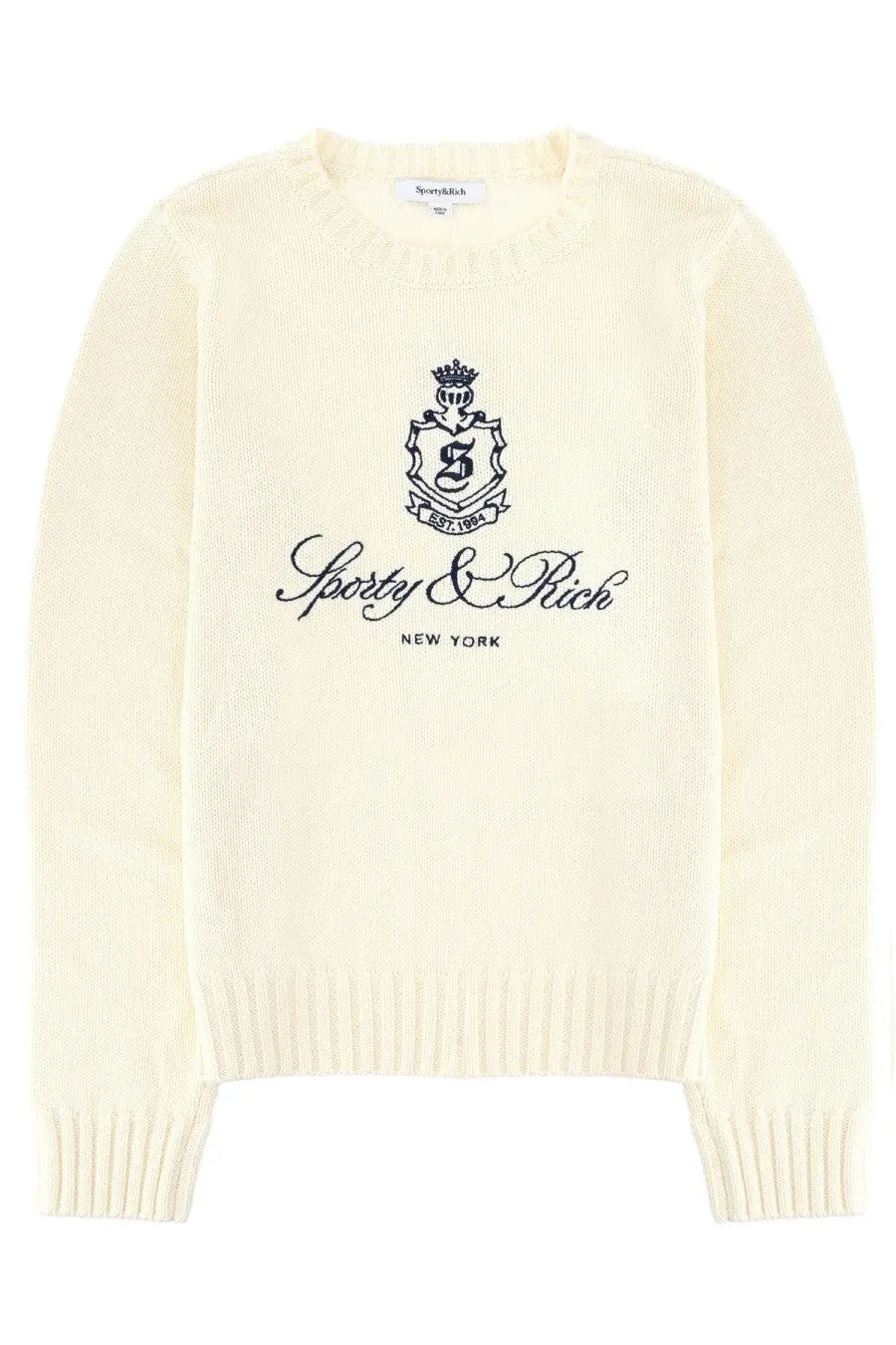 Cream-colored knitted sweater with black embroidered crest and sporty and rich New York logo unisex jersey white