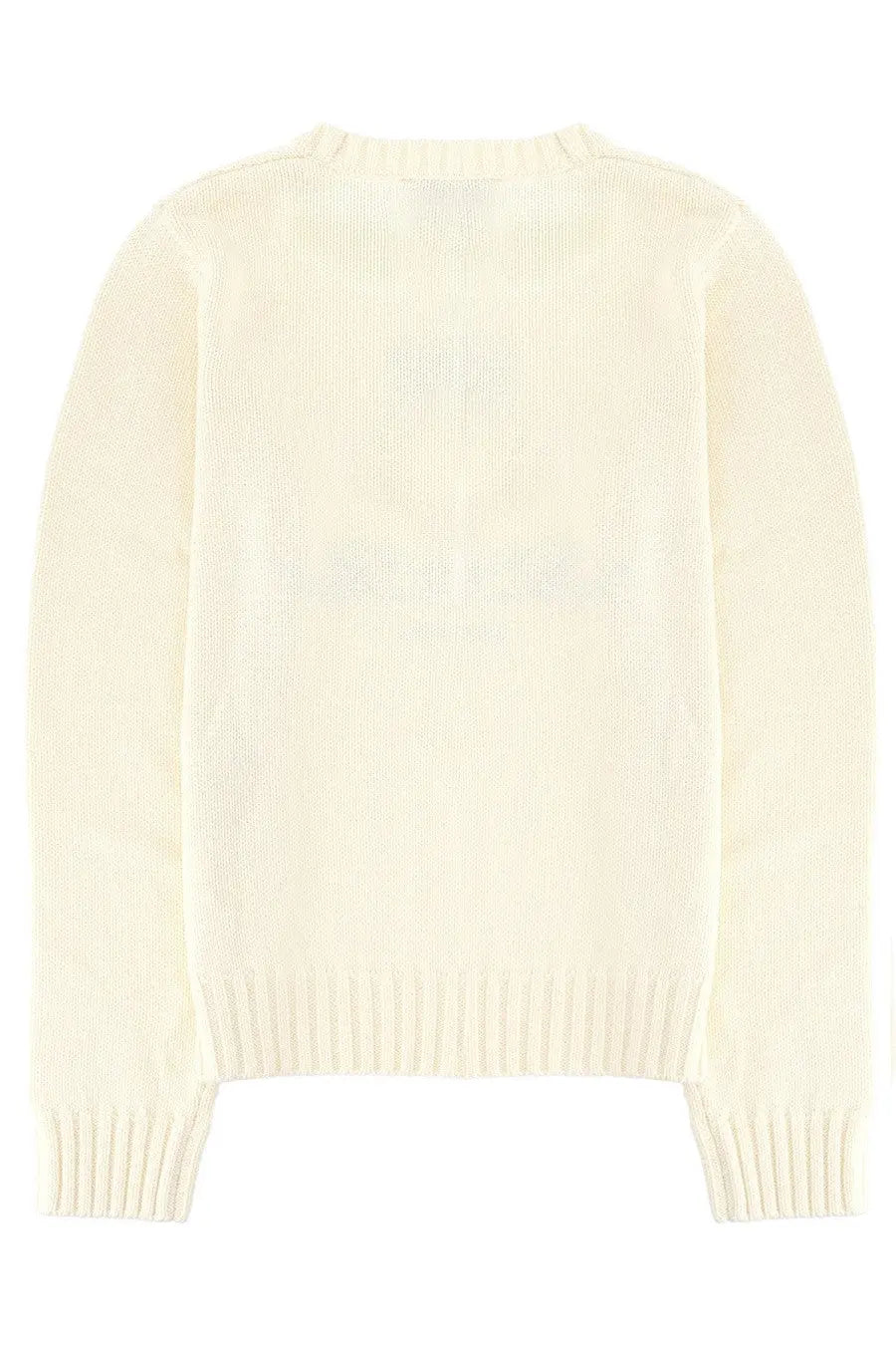 Cream-colored ribbed knit sweater with classic crew neck and long sleeves in sporty and rich unisex jersey white style