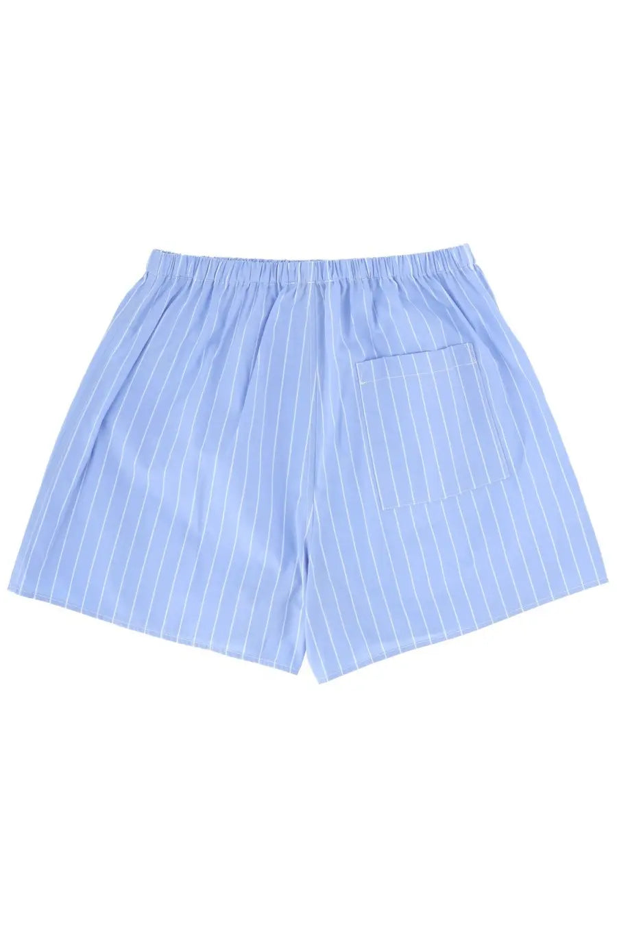Light blue pinstripe cotton boxer shorts with a single back pocket shown from the back by Sporty &amp; Rich unisex mini boxers