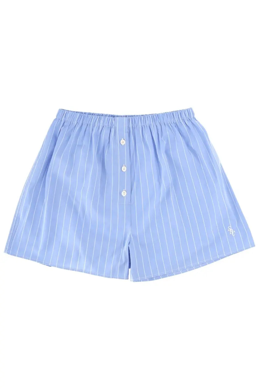 Light blue pinstripe cotton sporty and rich unisex mini boxer shorts with white buttons and embroidered logo on leg
