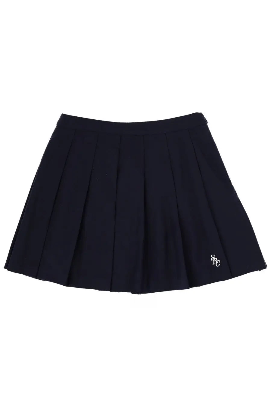 Sporty &amp; Rich unisex black pleated miniskirt with small white embroidered logo on lower right side