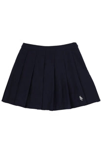 Sporty &amp; Rich unisex black pleated miniskirt with small white embroidered logo on lower right side