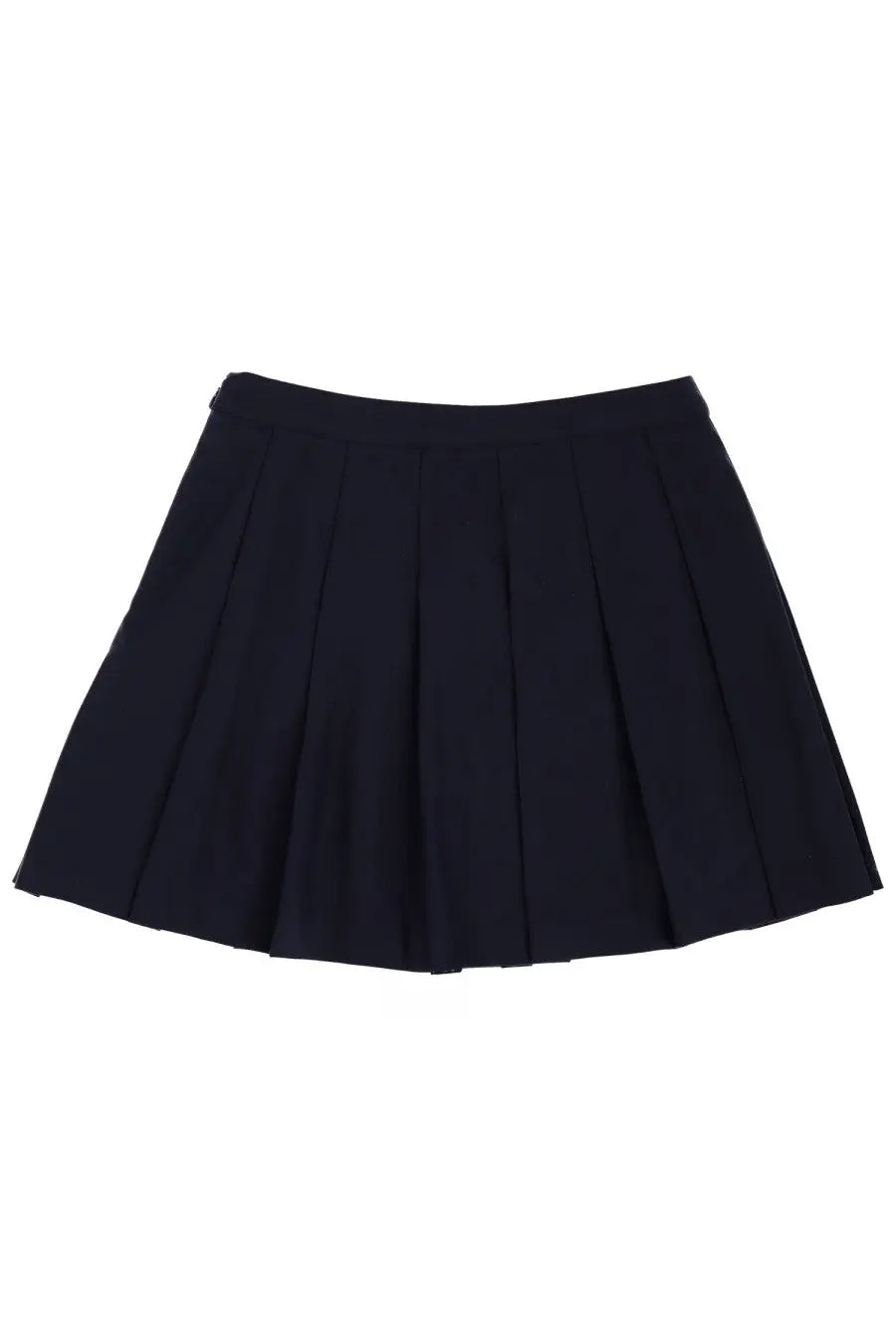 A navy blue sporty &amp; rich unisex miniskirt with a fitted waistband and evenly spaced pleated folds