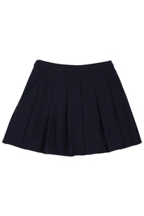 A navy blue sporty &amp; rich unisex miniskirt with a fitted waistband and evenly spaced pleated folds