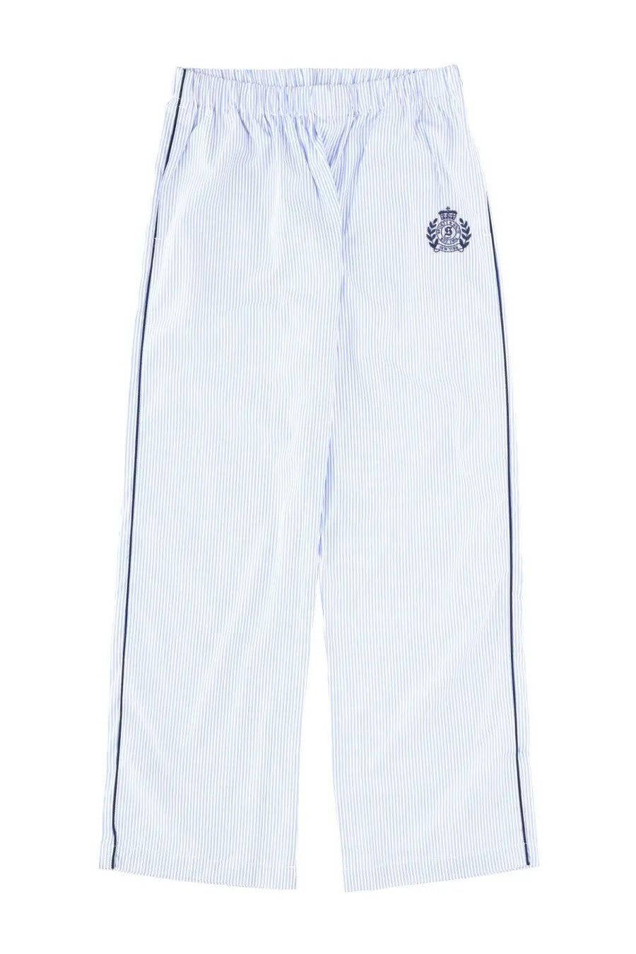 Sporty &amp; rich unisex pajama pants in white and navy blue stripes with elastic waistband and embroidered crest
