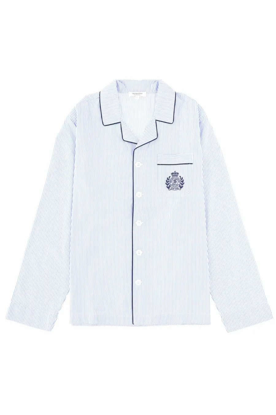 Sporty &amp; rich unisex pajama shirt blue with light blue and white stripes navy trim button front and embroidered crest