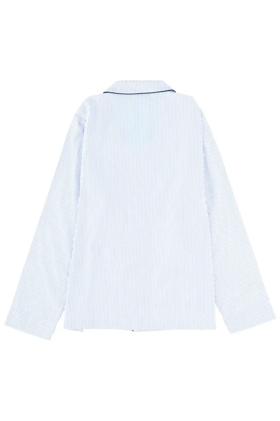 Sporty &amp; Rich unisex pajama shirt in light blue and white stripes with navy collar long-sleeved cotton fabric