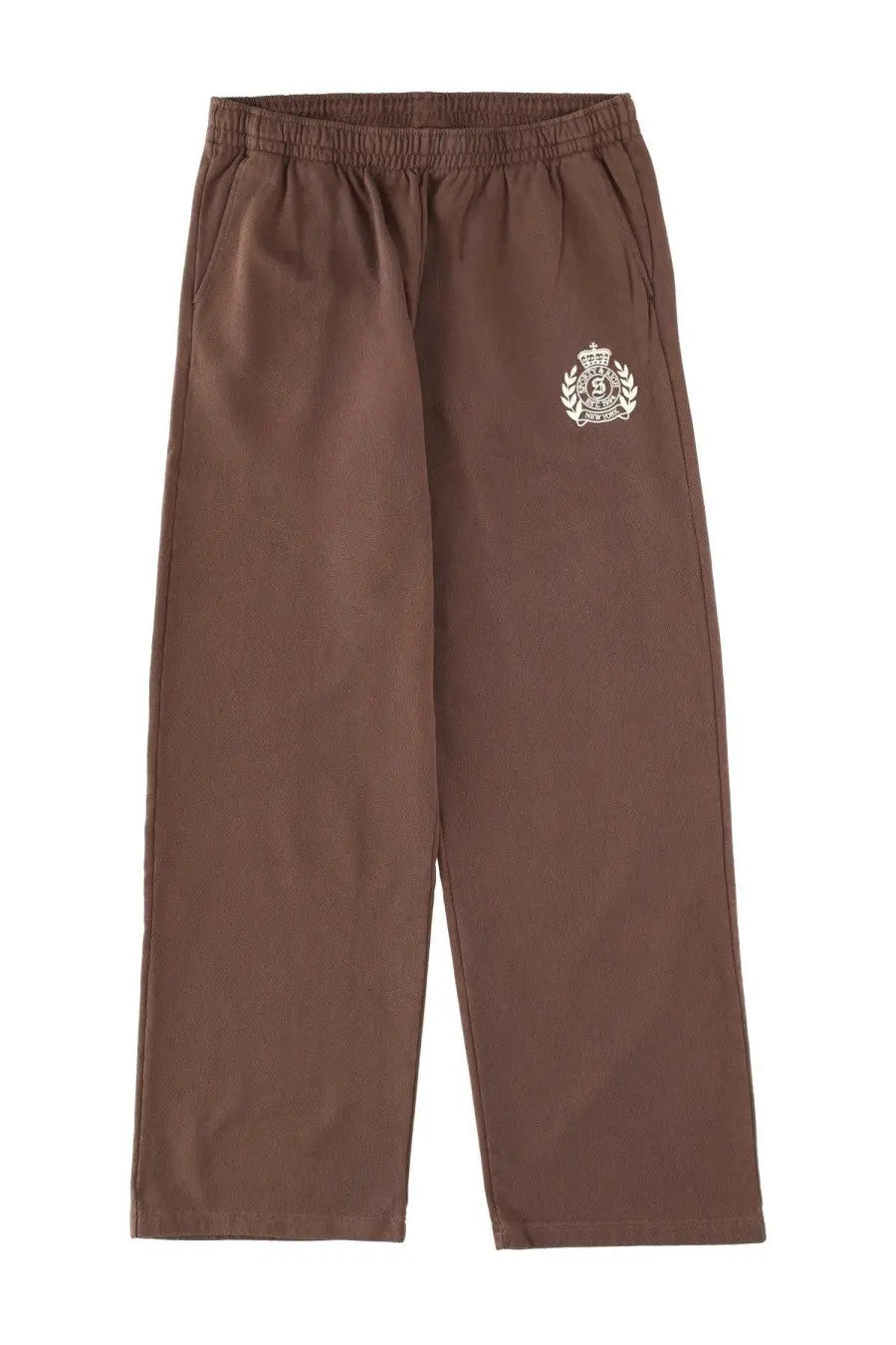 Sporty &amp; rich unisex brown elastic waist sweatpants with white embroidered crest on left thigh made from soft fabric