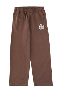 Sporty &amp; rich unisex brown elastic waist sweatpants with white embroidered crest on left thigh made from soft fabric