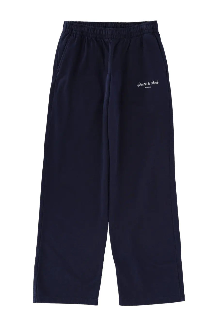Sporty &amp; Rich unisex navy blue athletic pants with elastic waistband and white embroidered logo on left thigh