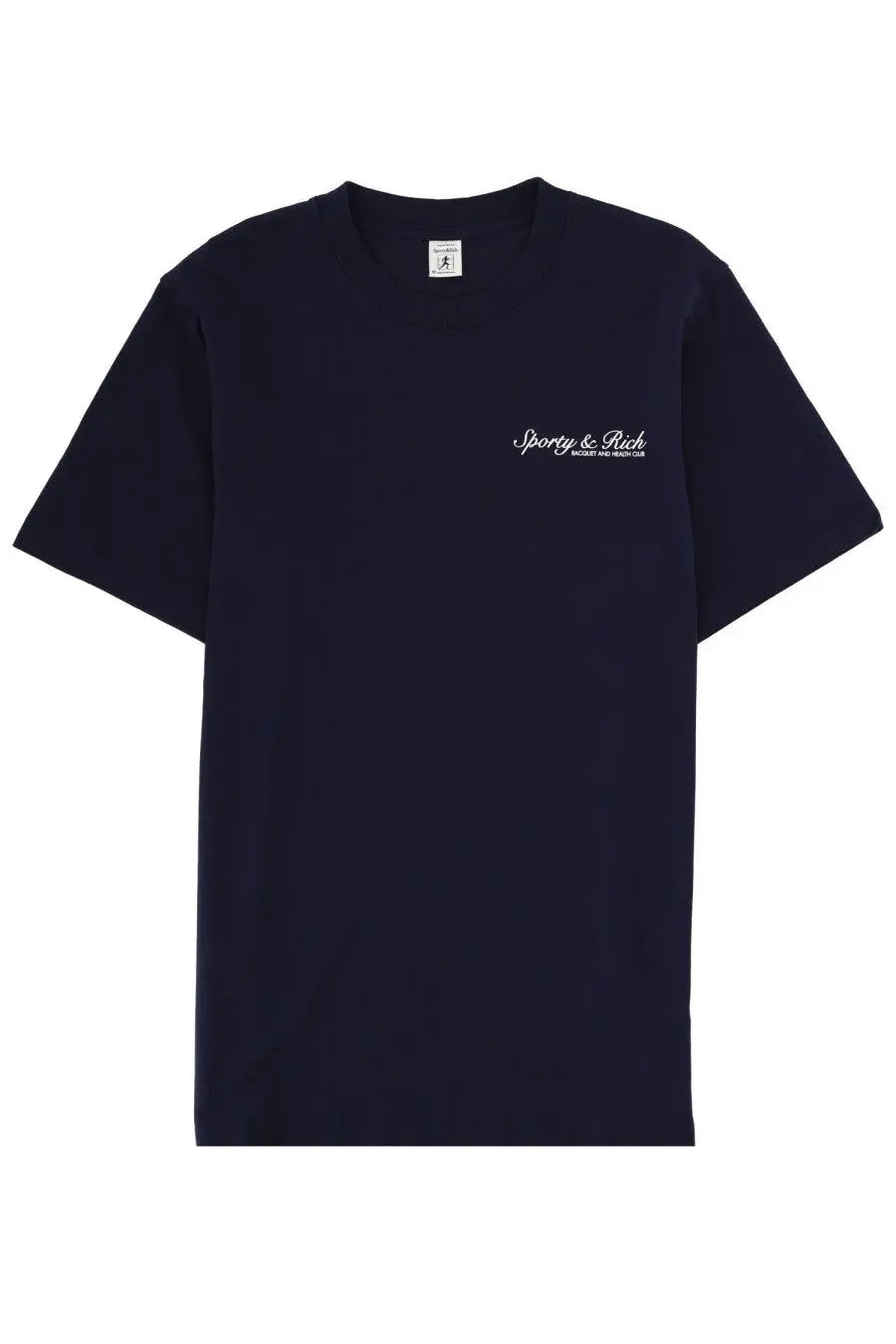 Navy blue unisex short-sleeved t-shirt with white embroidered sporty and rich logo on left chest in Syracuse blue