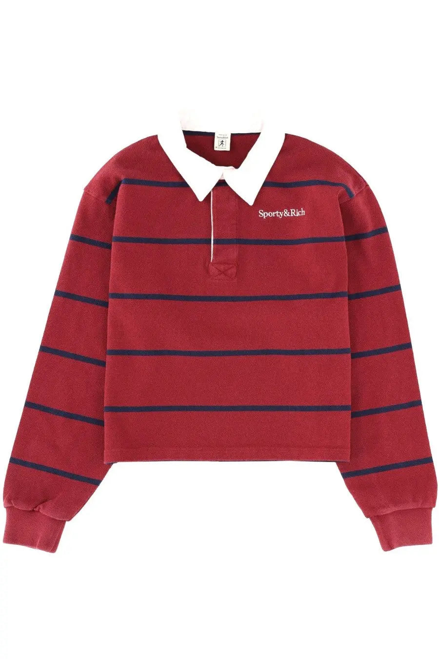 Sporty &amp; rich unisex long-sleeve rugby-style polo shirt with red and navy stripes and white collar with embroidered logo