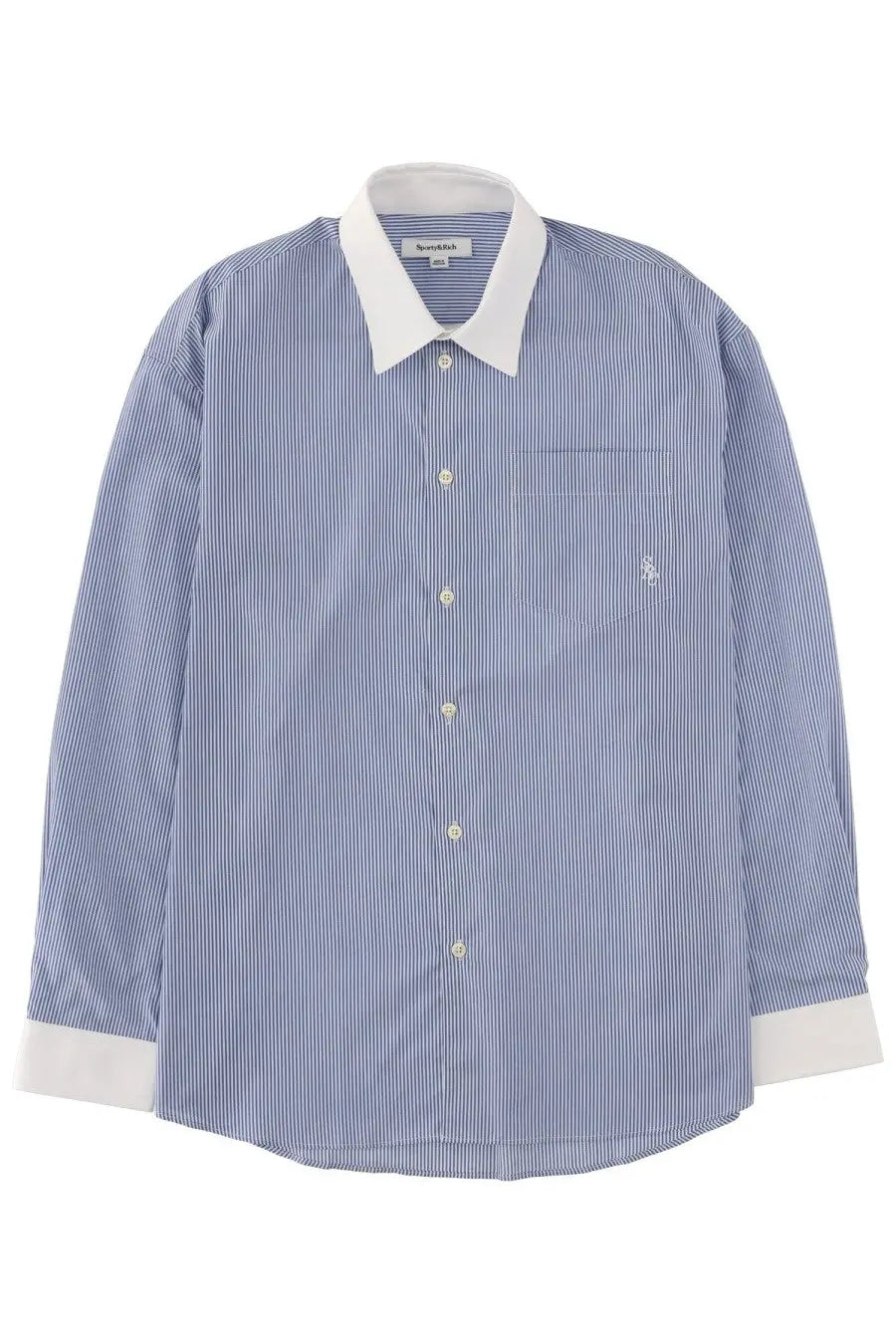 Sporty &amp; rich unisex blue and white striped long-sleeved button-up shirt with white collar cuffs and chest pocket