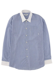 Sporty &amp; rich unisex blue and white striped long-sleeved button-up shirt with white collar cuffs and chest pocket