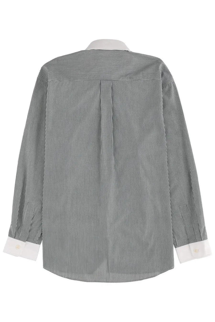 Sporty &amp; Rich unisex long-sleeved button-down shirt with subtle gray and white vertical stripes and white cuffs