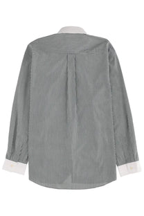 Sporty &amp; Rich unisex long-sleeved button-down shirt with subtle gray and white vertical stripes and white cuffs