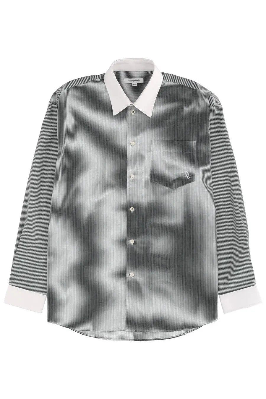 Sporty &amp; rich unisex vertically striped gray and white button-up shirt with contrasting white collar cuffs and pocket trim