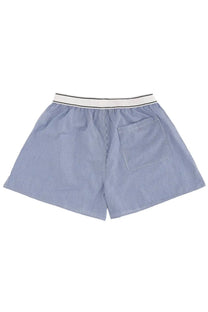 Sporty &amp; Rich unisex striped shorts in blue with white stripes and a white elastic waistband for casual wear