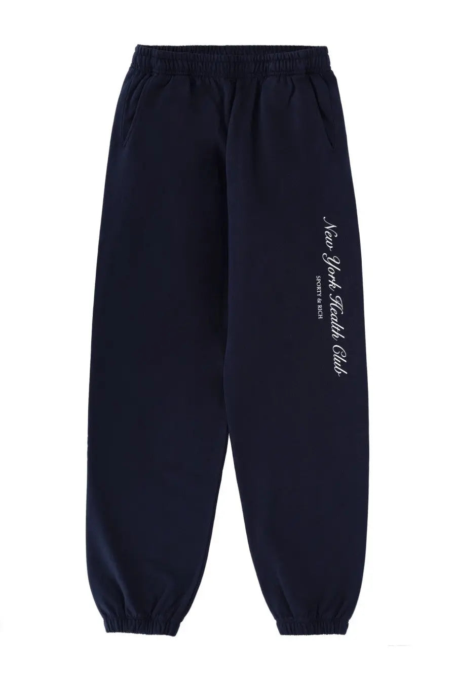 Navy blue sporty and rich unisex sweatpants with white new york stealth club logo printed vertically on left leg