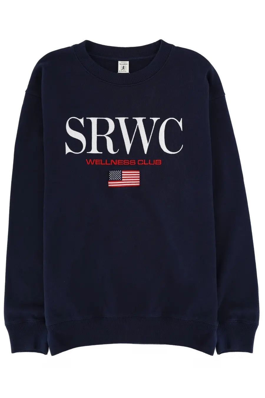 Sporty &amp; Rich unisex navy blue crewneck sweatshirt with white red srwc wellness club lettering and embroidered american flag patch