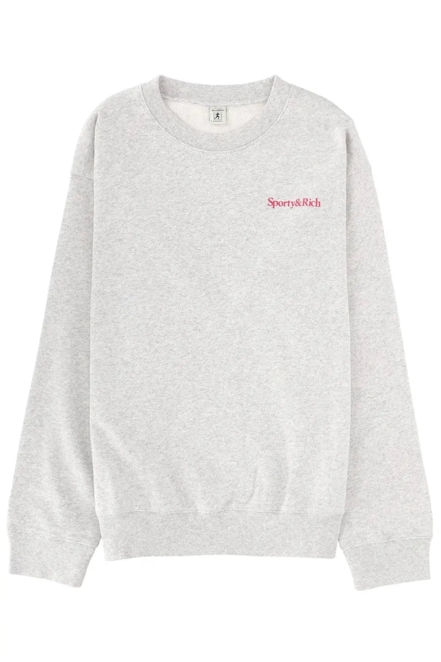 A heather gray crewneck sweatshirt with a small pink sporty and rich logo embroidered on the left chest