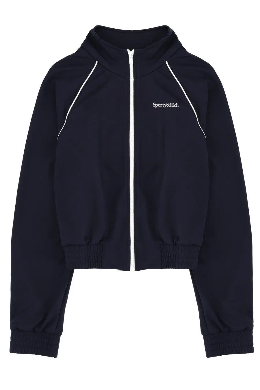 Navy blue cropped zip-up hoodie with white piping and sporty &amp; rich logo on chest multicolor sweatshirt