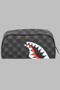 Sprayground unisex grey toiletry bag with black and gray checkered pattern and bold red white and black shark mouth graphic