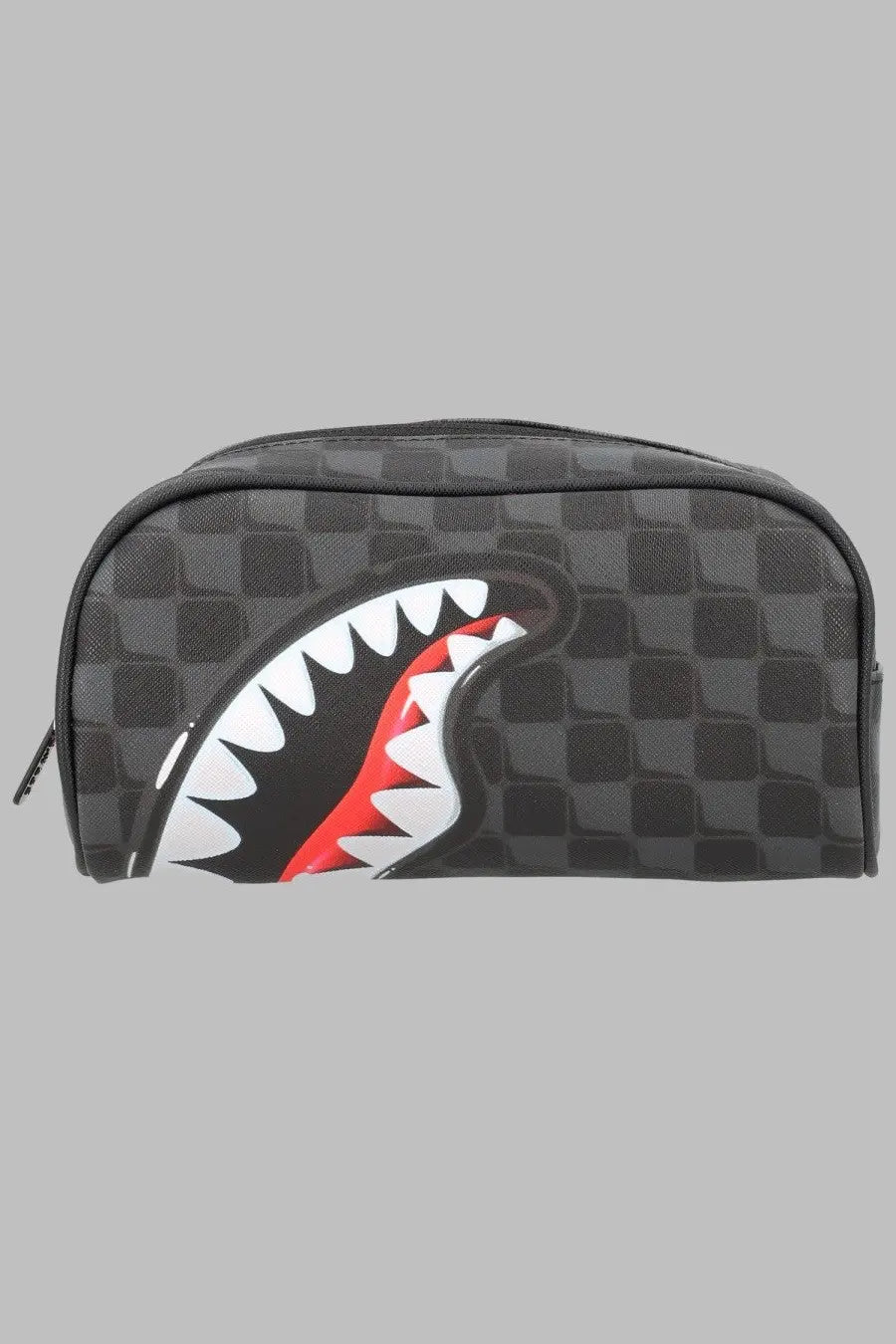 Sprayground unisex astuccio con grey toiletry bag with black and gray checkered pattern and red white black shark mouth graphic