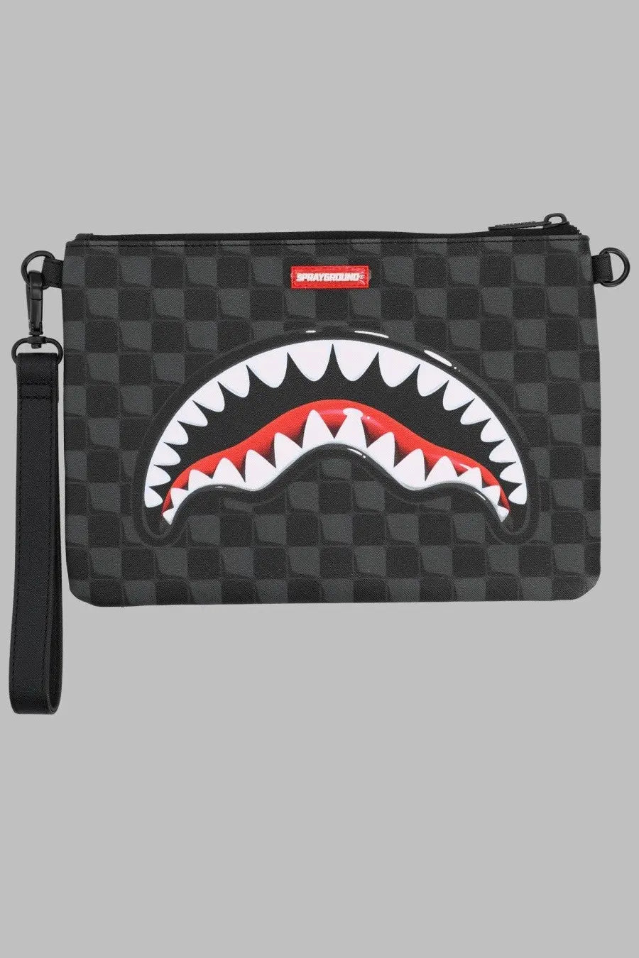 Sprayground unisex pochette con black checkered clutch with bold red white shark mouth design and wrist strap