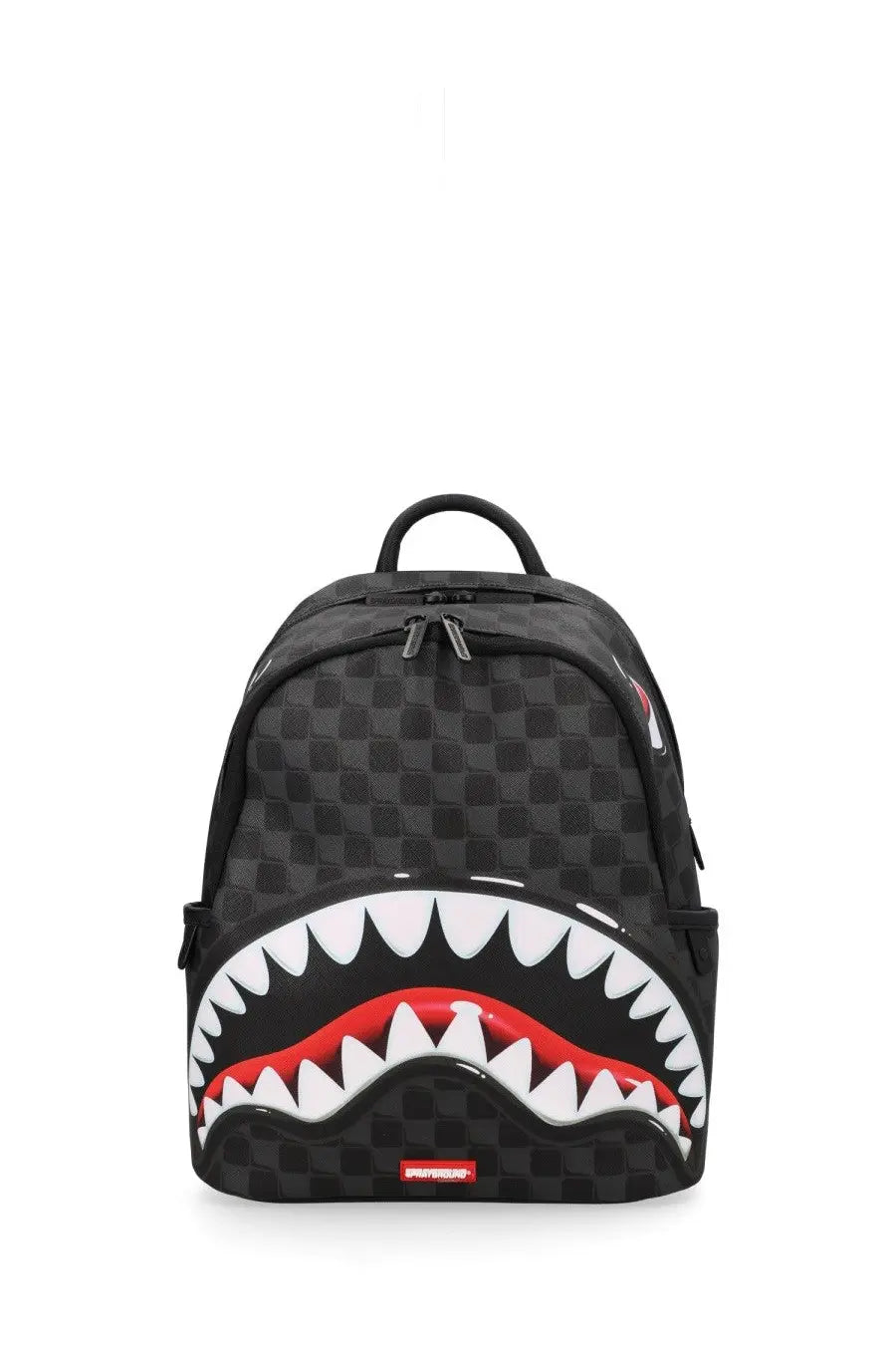 Black checkered Sprayground unisex backpack with bold wide-mouthed shark graphic featuring white teeth and red gums