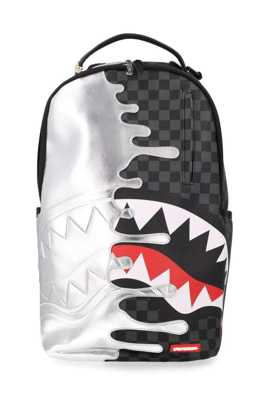 Sprayground unisex silver side drip backpack in silver and black checkered pattern with bold red shark mouth design