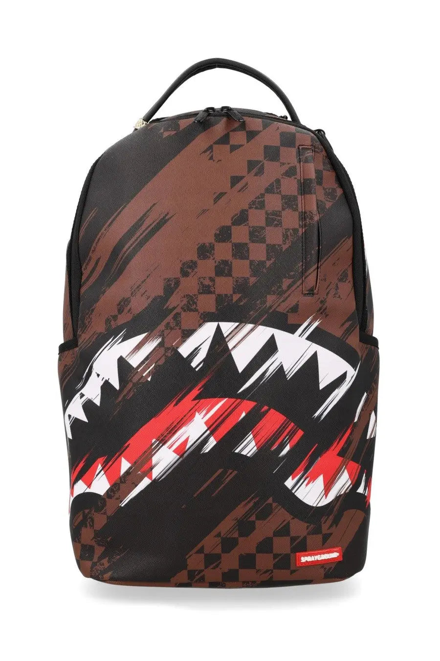 Sprayground unisex zaino smeared grunge multicolor brown and black checkered backpack with bold white and red shark mouth graphic