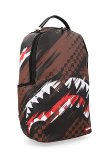 Sprayground unisex backpack with brown and black colors featuring a bold white red and black shark mouth graphic