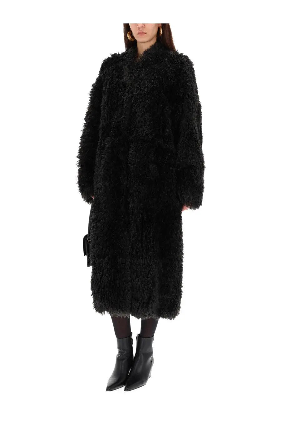 Stand Studio womens coat Carolina black black long shaggy plush fur coat with high collar visible from the back side