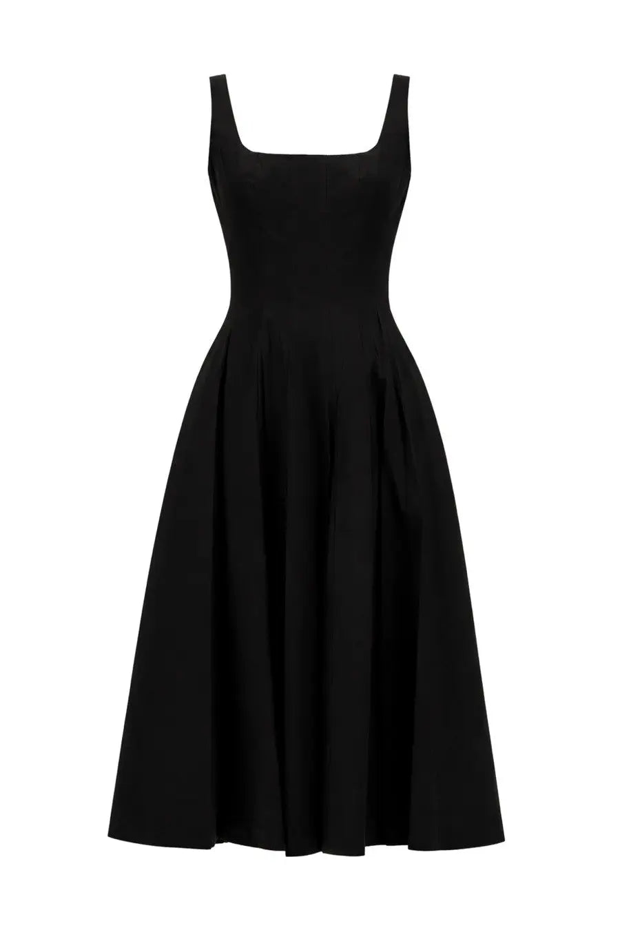 A sleek black sleeveless midi dress with square neckline and flared skirt by Staud women’s abito ellison black