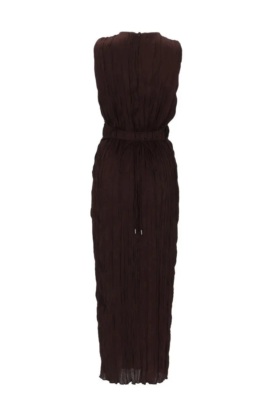 Staud women’s abito midi mizu brown sleeveless dark brown pleated maxi dress with fitted waistband and back zipper viewed from back