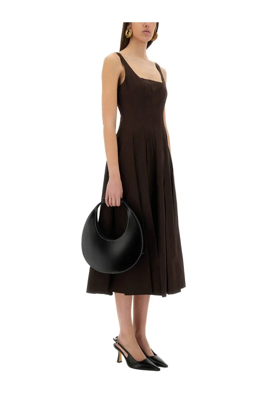 Black leather crescent-shaped handbag from Staud women’s Abito Midi Wells brown collection