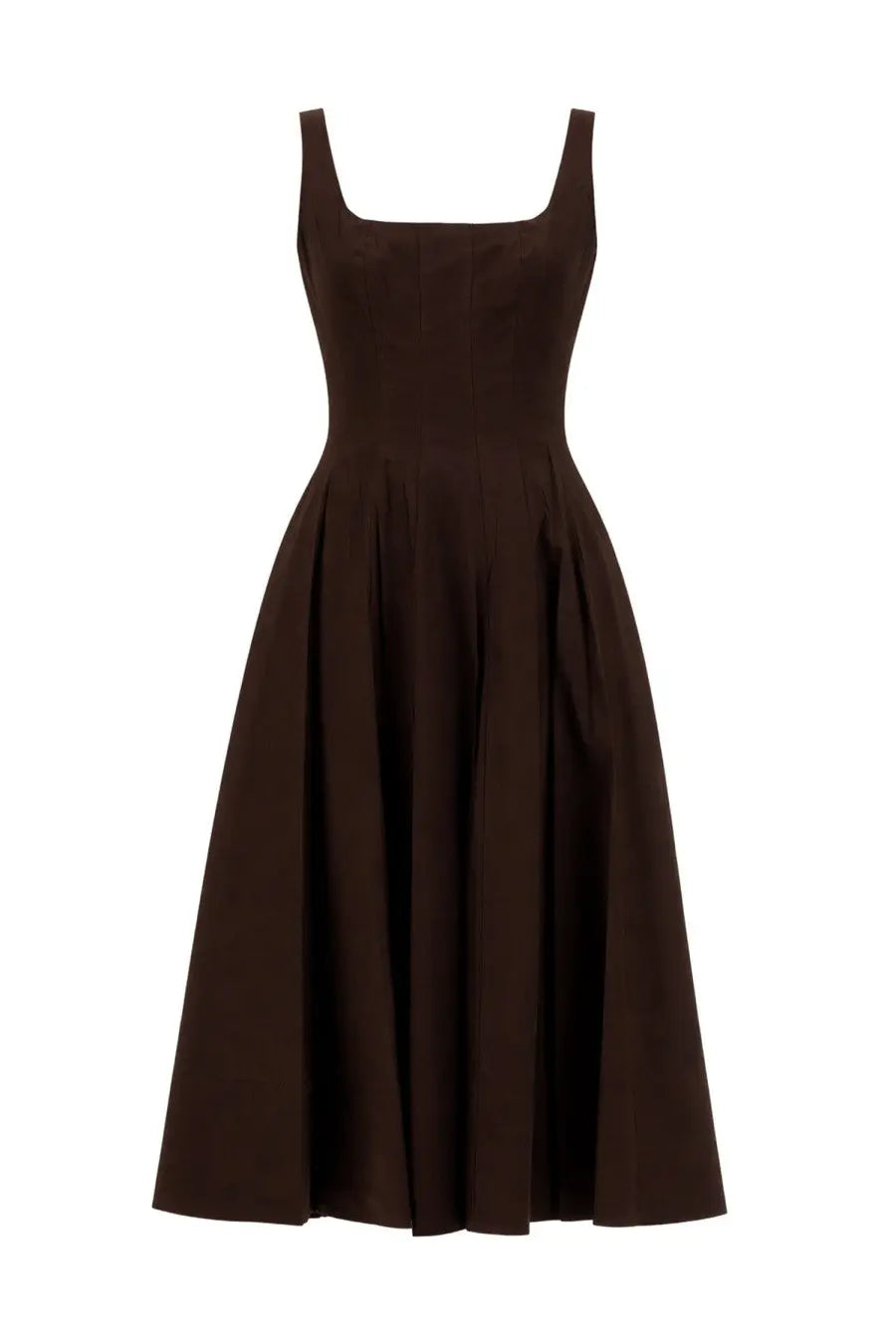 A sleek dark brown sleeveless midi dress with square neckline and pleated skirt from Staud women’s abito midi wells brown