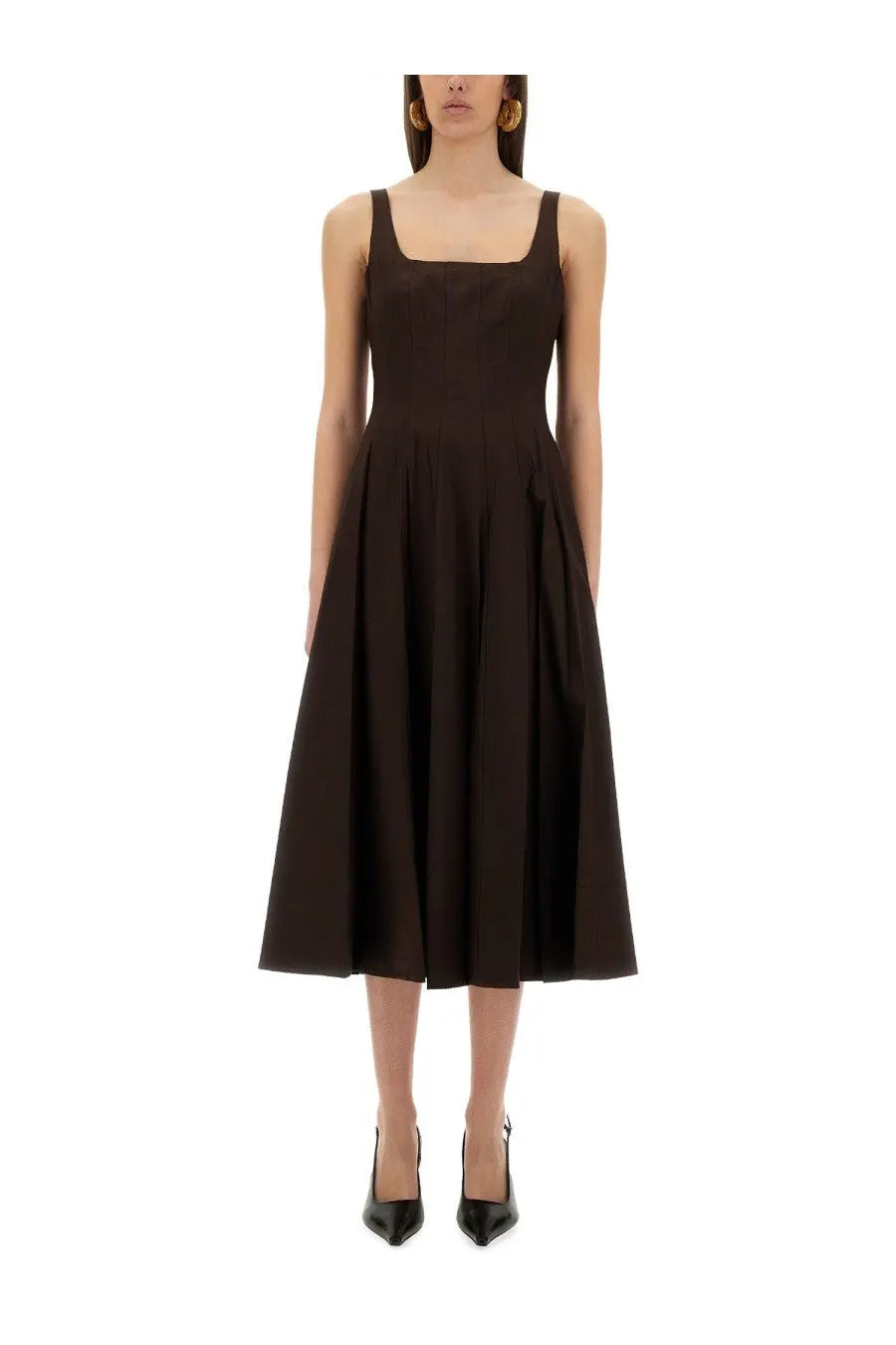 A sleek dark brown sleeveless midi dress with square neckline and pleated skirt by Staud Womenâ€™s Abito Midi Wells Brown