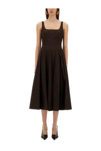 A sleek dark brown sleeveless midi dress with square neckline and pleated skirt by Staud Womenâ€™s Abito Midi Wells Brown