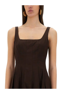 A sleek dark brown sleeveless midi dress with a square neckline and subtle vertical pleats by Staud womens abito midi wells brown