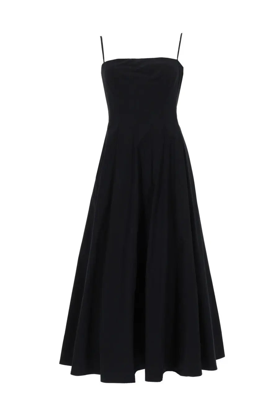 Staud women’s abito midi black dress with spaghetti straps fitted bodice and flowing skirt in lightweight fabric