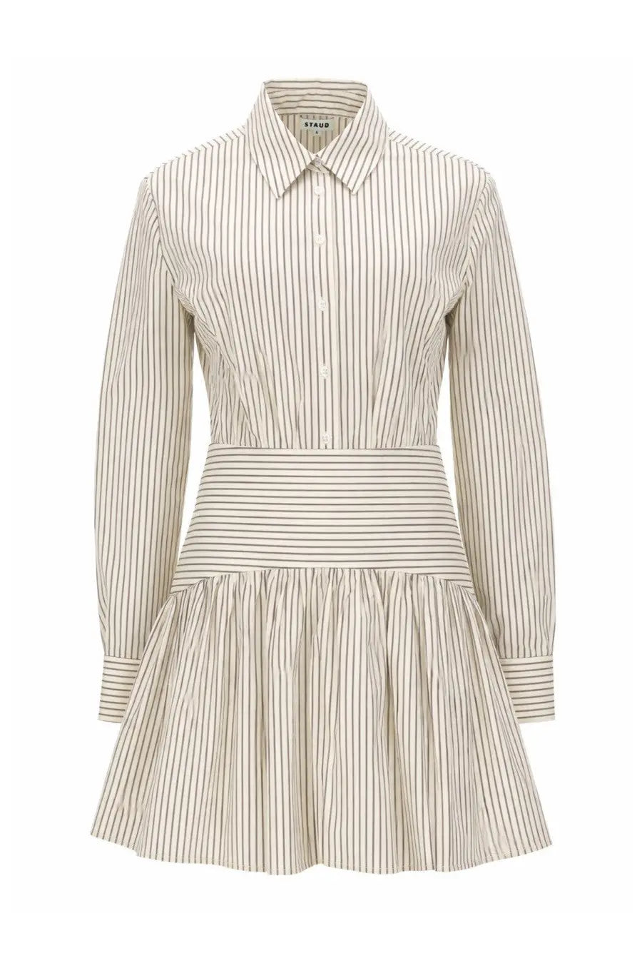 Staud women’s abito mini rocco long-sleeved shirt dress in cream and black vertical stripes with collar and ruched waist