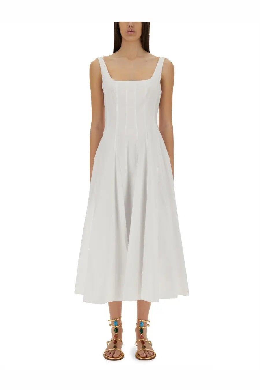 Staud women’s abito wells white sleeveless midi dress with square neckline and pleated skirt in white fabric