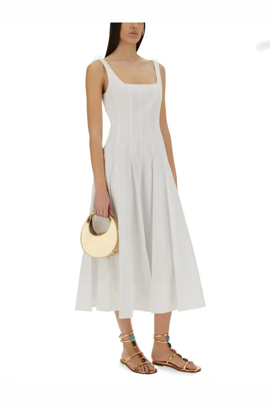 Staud women’s abito wells white sleeveless midi dress with square neckline and pleated skirt in lightweight fabric