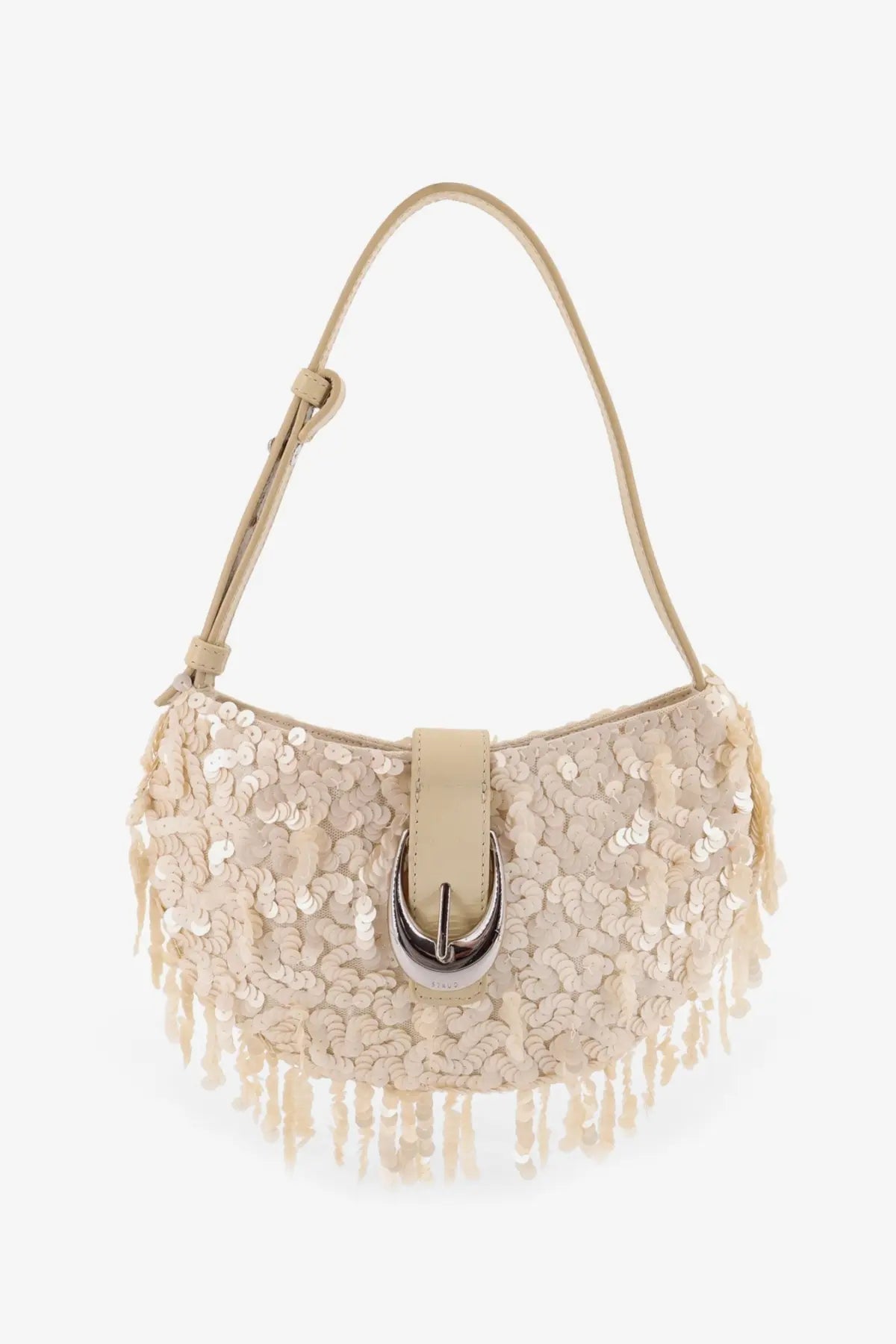 Beige sequined fringe shoulder bag with metallic buckle closure from staud women’s alana bag collection white