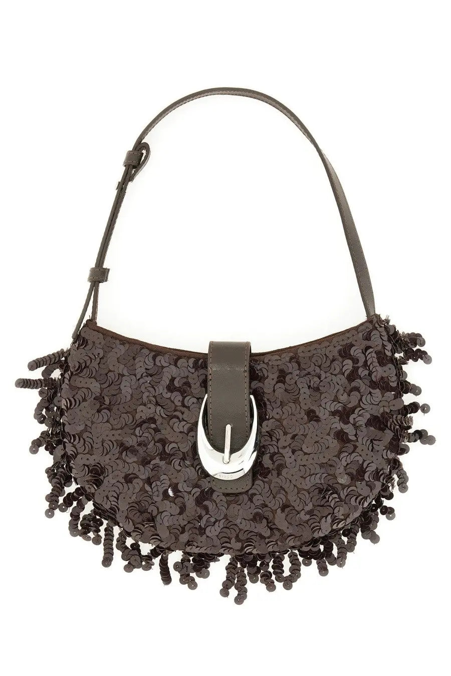 Staud women’s bag Alana brown black sequined handbag with silver buckle and dangling beaded fringe